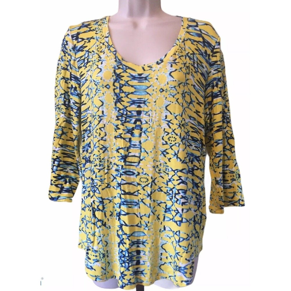 Tribal Yellow Blue Printed Top Stretch Loose Fit Medium